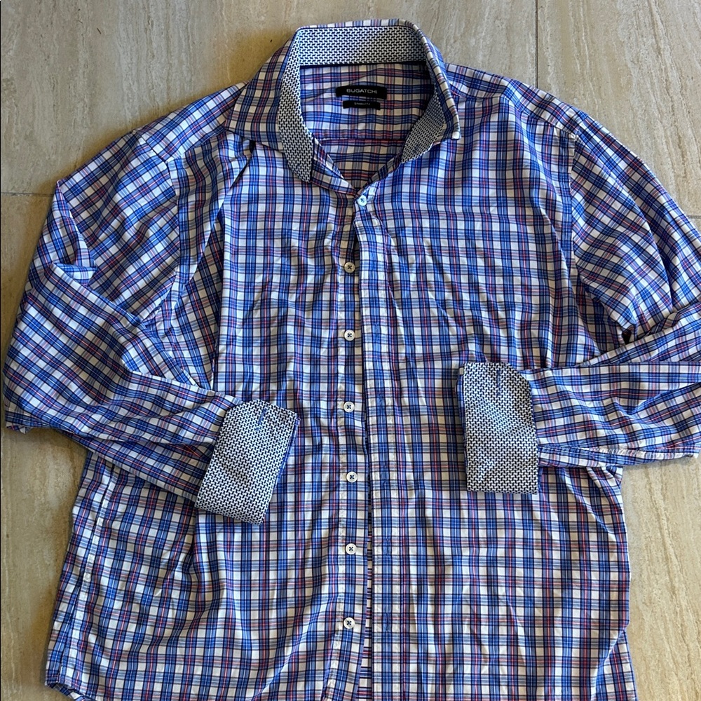 Bugatchi Men's Blue Checkered Dress Shirt like new size XL